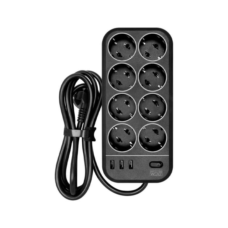 Сетевой фильтр POWERCOM SP-08 USB03AB 1,8 m, 8 розеток, черный,коробка 1928702