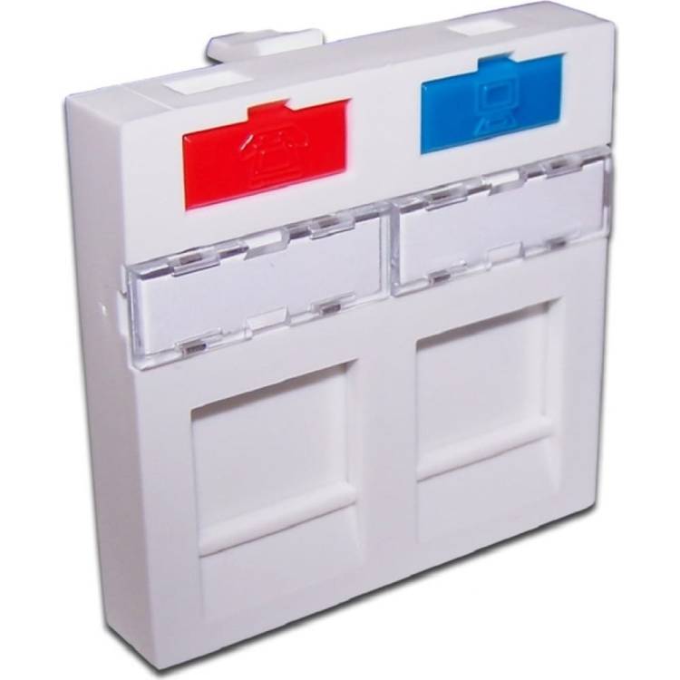 Вставка LANMASTER 45x45 на 2 кейстоуна, со шторкой, маркировкой, иконками, белая,