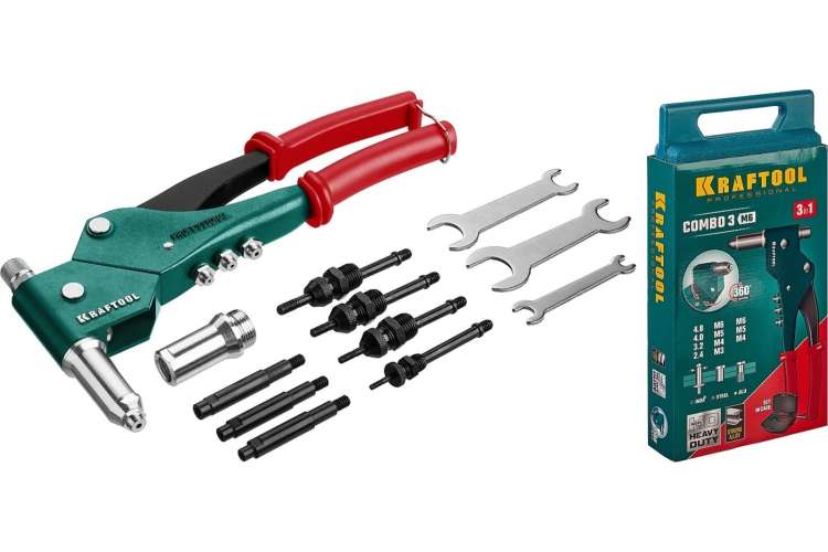 Комбинированный заклепочник KRAFTOOL Combo3-M6 поворотный 0-360° в кейсе 31178_z01