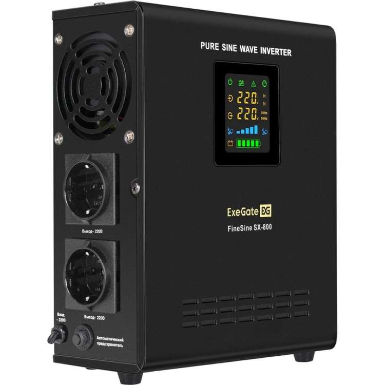 ИБП ExeGate инвертор синус для котла настенный FineSine SX-800 LCD AVR 2SH 800VA/500Wчистая синусоида цветной LCD-дисплей AVR 2 Schuko линейно-интерактивный внешняя батарея 12В до 200Ач настенный Black 295996