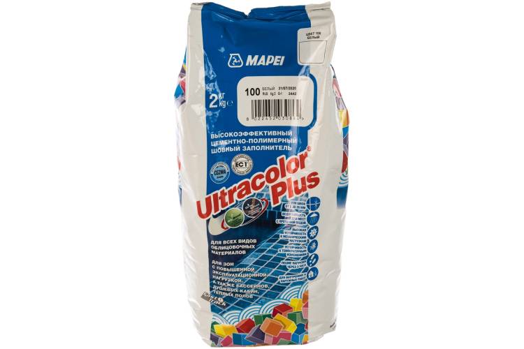 Затирка MAPEI ULTRACOLOR PLUS №100 для швов с водоотталкивающим и антигрибковым эффектом, белый 2кг 6622
