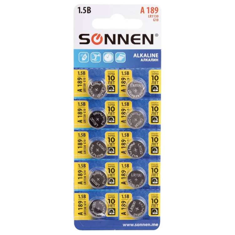 Батарейки алкалиновые SONNEN таблетка, комплект 10 шт., Alkaline, 189A(G10,LR54), блистер, 457136