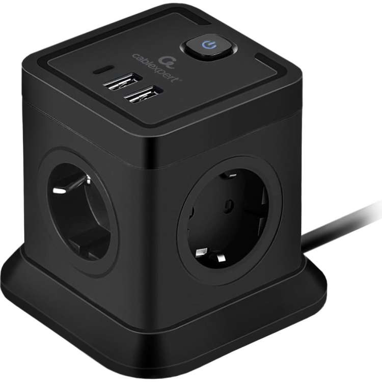 Сетевой фильтр Cablexpert Tower 4р, 10А, 1xType-C PD, 20Вт, 2хUSB, 2м, ур.защиты 2+, черный, коробка TWR-4-CU2-B-2